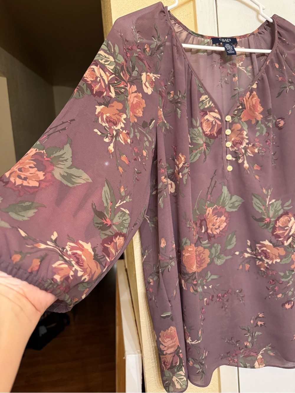 Chaps Plum Floral V-Neck Henley Blouse - Picture 3 of 4